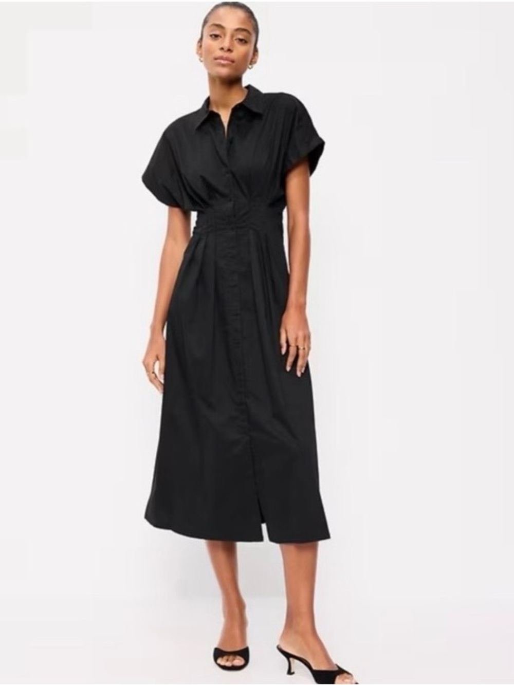 Old Navy Black Midi Shirt Dress with Cinched Waist